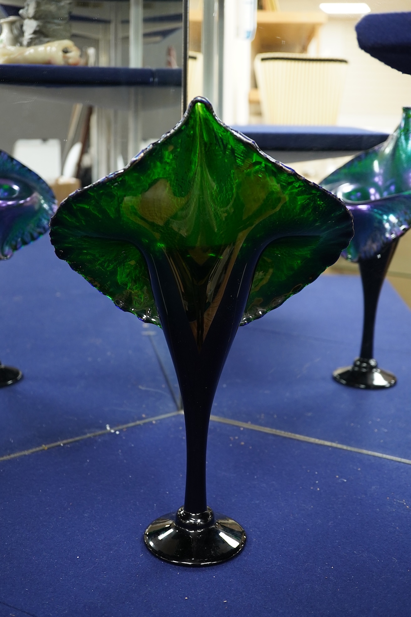 An Isle of Wight iridescent glass vase, Richard Golding Okra Luxor vase and Jack in Pulpit the box vase (3) tallest 38.5cm